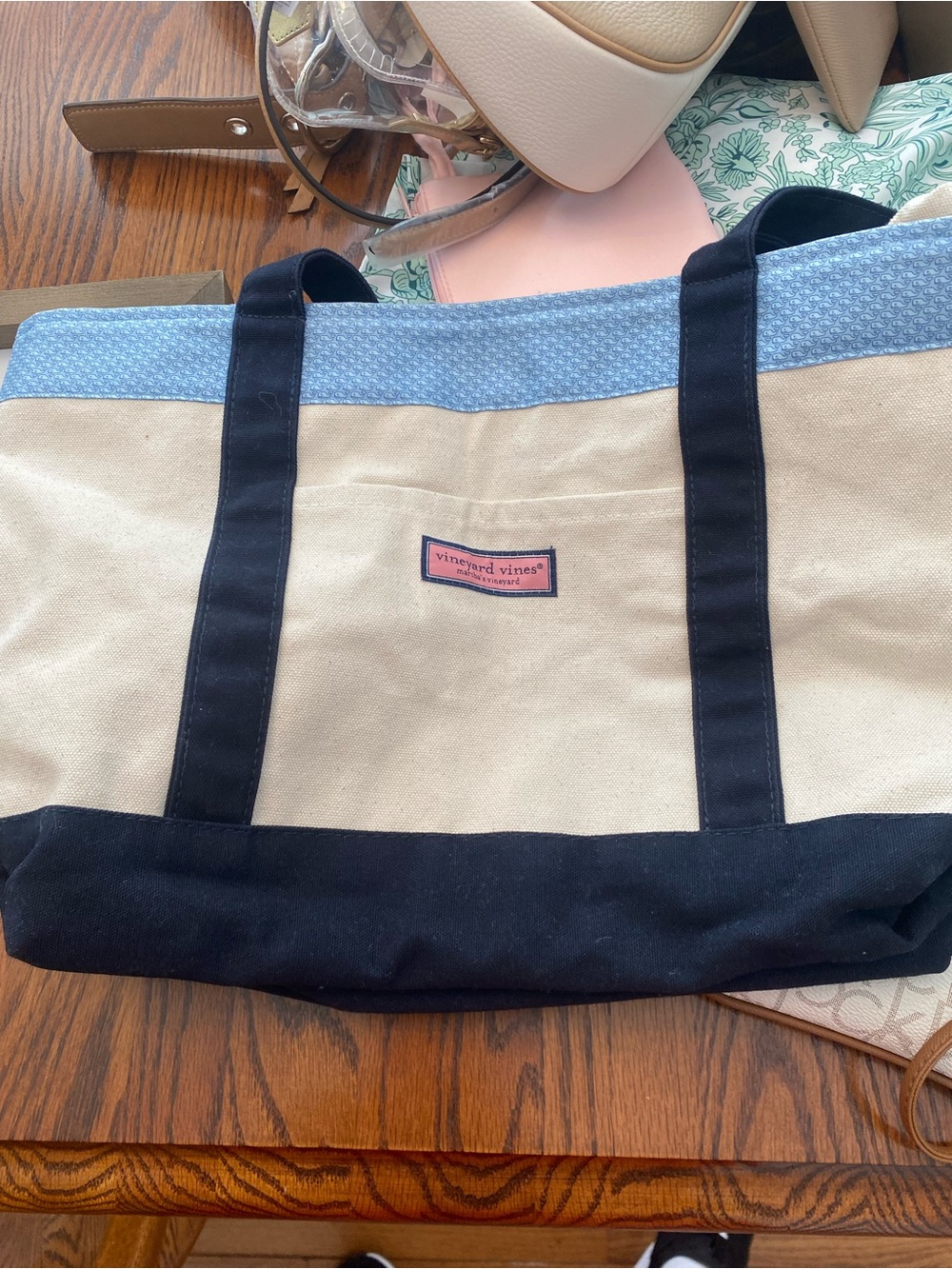 Vineyard Vines Navy, Tan & Light Blue Canvas Tote